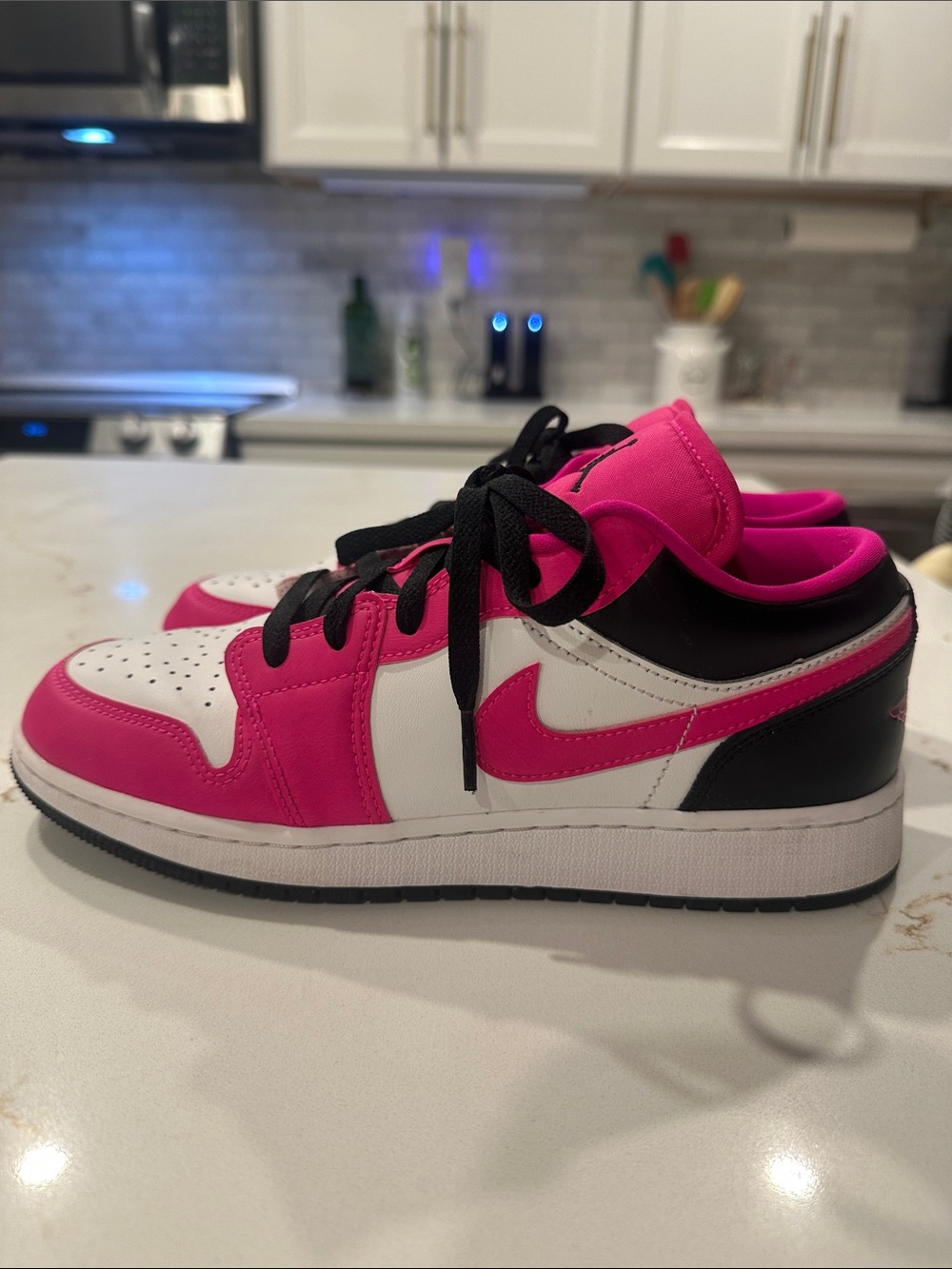 Nike Kids Y6 which is Women’s 7 Low Top Sneakers Air Jordan- Pink/Black/White
